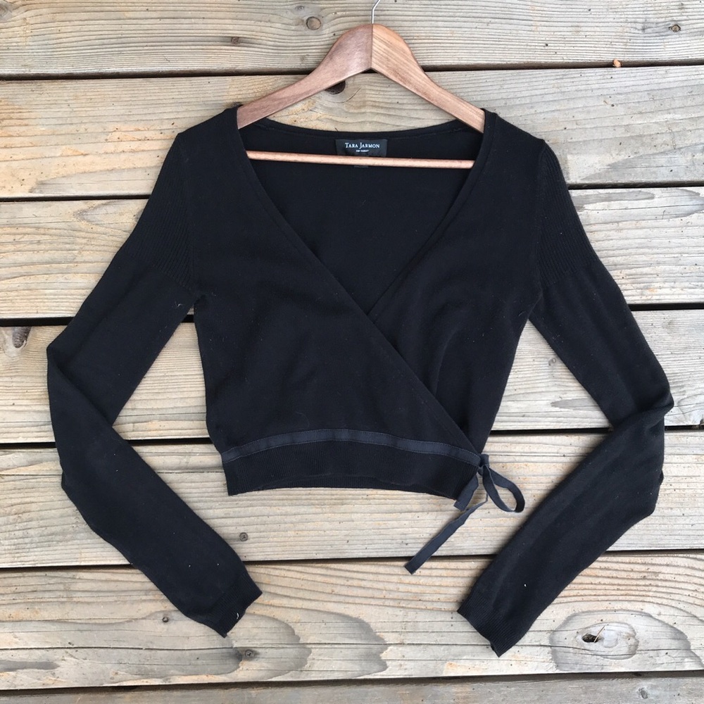Black long sleeve cropped wrap top
